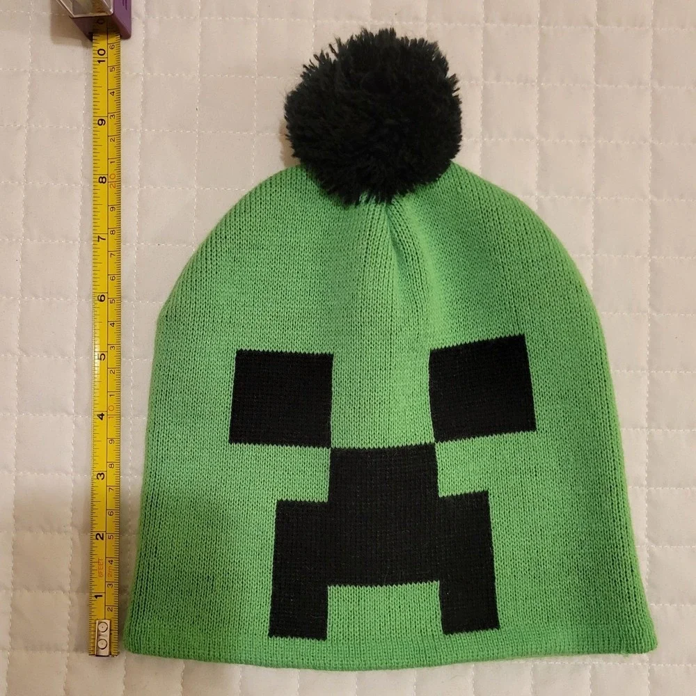 2017 Minecraft Creeper Pom Beanie Green Black Knit Hat Gamer Skater Winter Alt